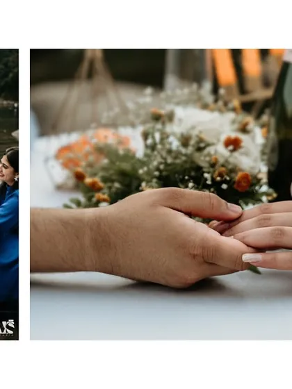 A detail-oriented diptych from the Meghalaya shoot. It pairs a wide shot of the unique water-table setup with a close-up of the couple holding hands, highlighting both the concept and the connection.