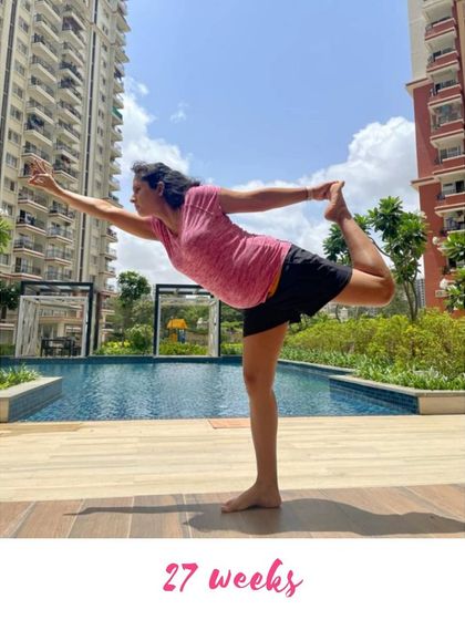 A beautiful Dancer's Pose (Natarajasana) by the pool at 27 weeks. It's all about finding what feels good in your body.