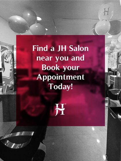 This graphic is a simple invitation to find a Jawed Habib salon near you and book an appointment. The background shows the vibrant, professional atmosphere of our salons.
