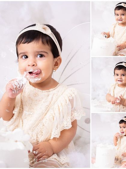 A collage of the angel themed cake smash, showing a variety of sweet and funny moments. This is a great way to display the story of the session.