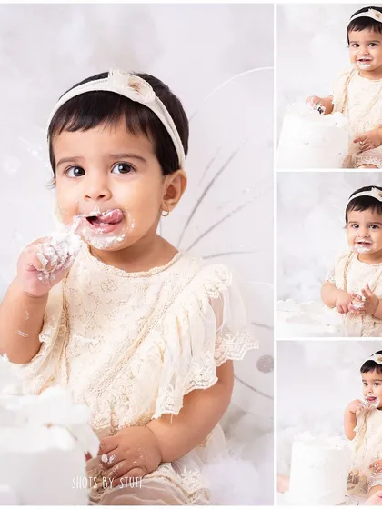 A collage of the angel themed cake smash, showing a variety of sweet and funny moments. This is a great way to display the story of the session.