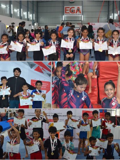 More moments of triumph from various competitions, showcasing our gymnasts with their medals, trophies, and proud coaches.