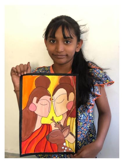A student's lovely poster colour painting depicting the divine love of Ram and Sita. Art is a beautiful way to connect with and express stories from our mythology.