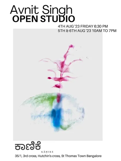 A minimalist poster design for Avnit Singh's open studio event, featuring one of her ethereal watercolour pieces.