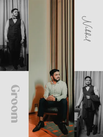 A creative collage of groom portraits, mixing color and black and white shots to showcase different moods and poses.