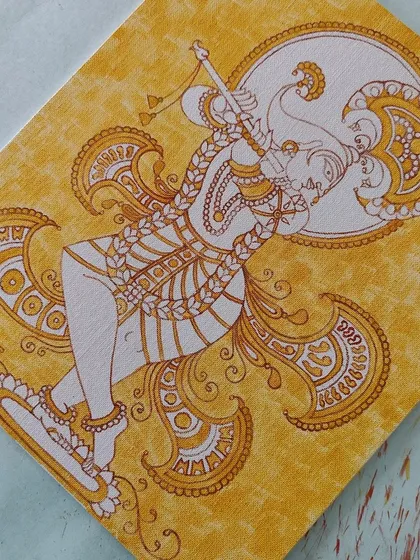 The Venugopala painting after the yellow base color and brown outlines are complete. This stage has a beautiful, monochromatic elegance.