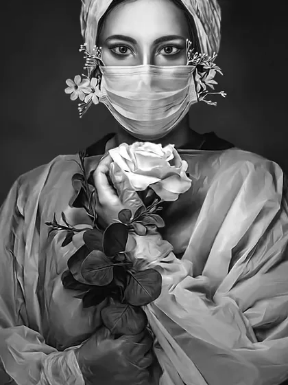 My original black and white digital painting dedicated to all nurses. I wanted to create a powerful image that honors their compassion and strength, using flowers to symbolize life and healing in a challenging environment.