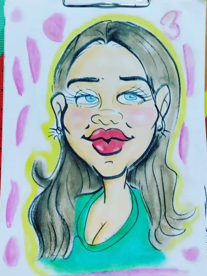 A new color caricature. The bright green shirt and pink background make this one feel very energetic.