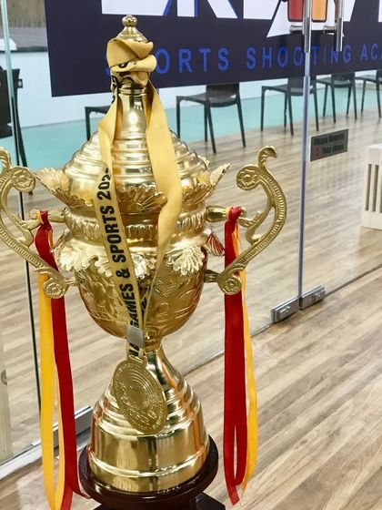 A close-up of the magnificent trophy awarded at the CISCE school Regional Shooting Competition, won by one of our academy's shooters.