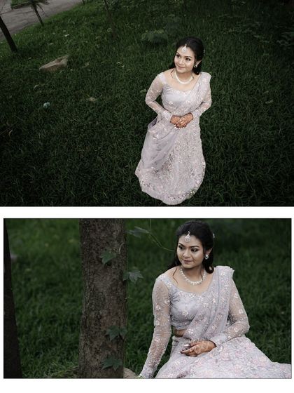 Two portraits of the bride in her elegant white dress, one from a high angle and one seated. The lush green grass provides a beautiful contrast.