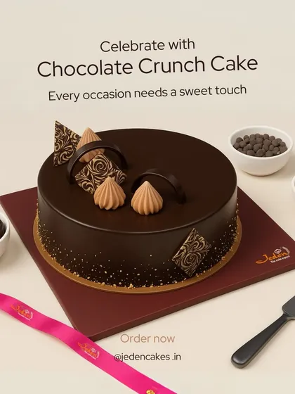 Celebrate with our Chocolate Crunch Cake. This cake is all about texture, combining rich chocolate sponge and smooth ganache with crunchy elements for a delightful surprise in every bite.