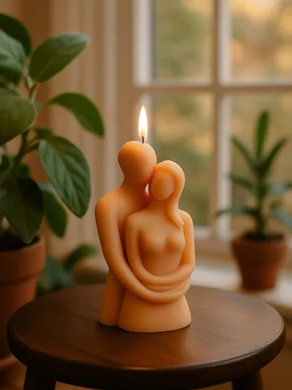 Beyond printed designs, I also craft unique sculpted candles like this one of an embracing couple. It’s a popular choice for anniversaries and romantic gifts, and you can choose the color and scent.