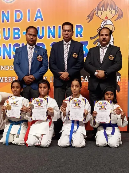 A group of young female medalists, including our student Shivani, at the Sub-Junior National Championship.