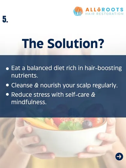 The solution to diffuse hair loss lies in addressing the root cause. This involves eating a balanced diet, cleansing and nourishing your scalp regularly, and reducing stress through self-care and mindfulness.