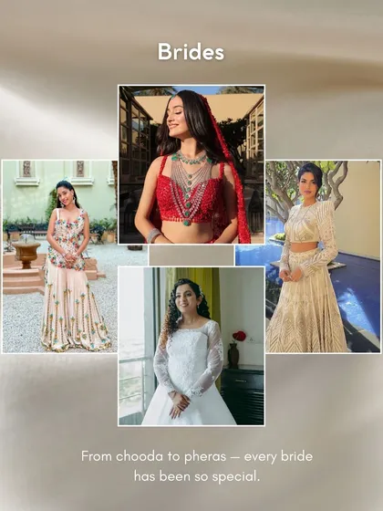 A beautiful collage showcasing the diversity of my brides. From traditional red lehengas to elegant white gowns, I have had the privilege of being a part of so many special days, creating unique looks for every single bride.