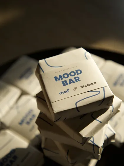 A stack of the stylishly wrapped 'Mood Bar' soaps.