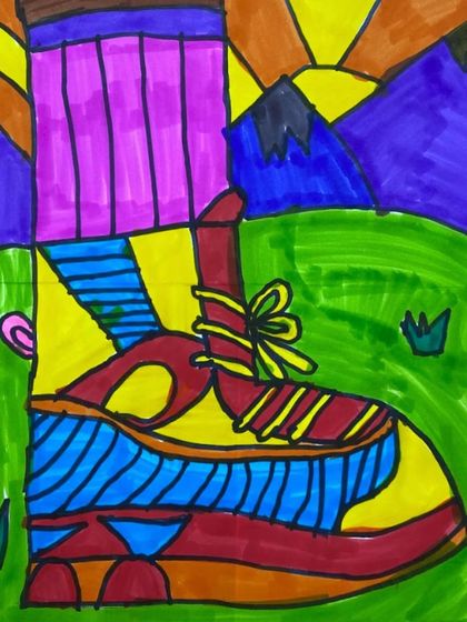 A close-up of a hiking boot in a mountain landscape. This still life drawing teaches perspective and how to place an object within a background.