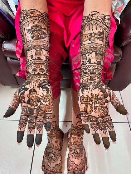 A full bridal look with custom portraits on the hands and matching designs on the feet.