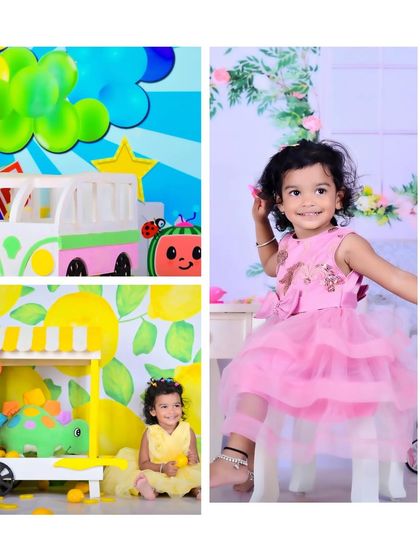 A collage of a girl in Cocomelon, lemon stand, and simple pink dress themes.