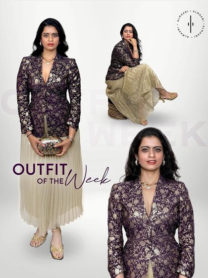 A chic fusion look. This collage shows how to style a deep purple brocade blazer with a pleated gold skirt for an indo-western vibe that's perfect for a card party or festive dinner.