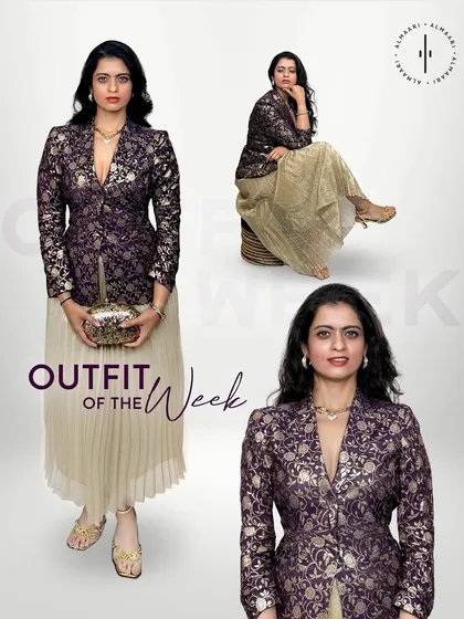 Our outfit of the week, styled by me. This Indo-western look combines a traditional purple brocade jacket with a modern pleated skirt, showing how you can mix elements for a unique fusion style.