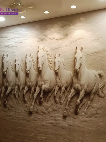 This powerful 5D Seven Horses wall mural is inspired by Vastu principles to bring strength and prosperity. The deep embossing gives the horses a realistic, sculptural quality that makes them appear to be galloping right out of the wall.