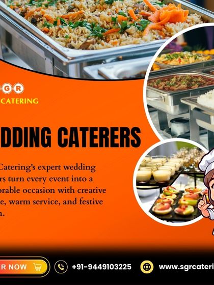 Our expert wedding caterers turn every event into a memorable occasion with creative cuisine and warm service. This collage, featuring a chef cartoon, emphasizes our professional yet friendly approach.