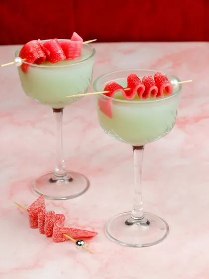 A playful bubblegum-themed cocktail created for a Valentine's Day menu, showing my creative approach to themed shoots.