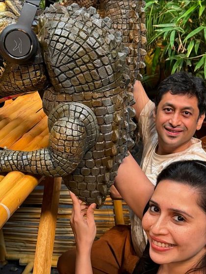 A husband-and-wife puppeteer team in action! Rujuta and I working together to operate one of the crocodile puppets for the Netflix shoot.