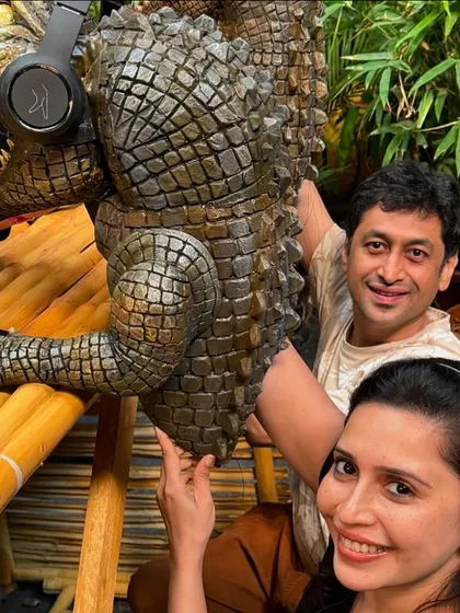 A candid shot of me and my wife Rujuta during the shoot. We often work as a husband-wife puppeteering team, combining our skills to operate complex characters.