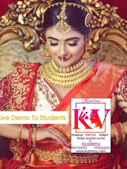 I believe in sharing my knowledge. Here is a shot from a live demo for my students, showcasing a complete natural HD bridal makeup look. It is important for them to see the whole process, from skin prep to the final saree draping and jewellery setting.