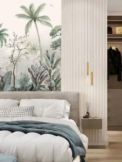 A bedroom transformed into a tropical escape with my custom-designed wallpaper. The hand-painted palms and lush foliage create a serene backdrop, bringing the tranquility of nature indoors and turning the wall into a piece of art.