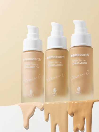 This shot highlights the different foundation shades available. The dripping textures against a clean, two-toned background make it easy for customers to compare colors and appreciate the product's consistency.