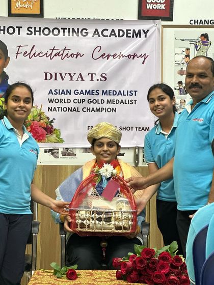 A proud moment as we felicitate Asian Games Silver Medalist Divya T.S. at our academy, celebrating her monumental achievement with our entire shooting family.