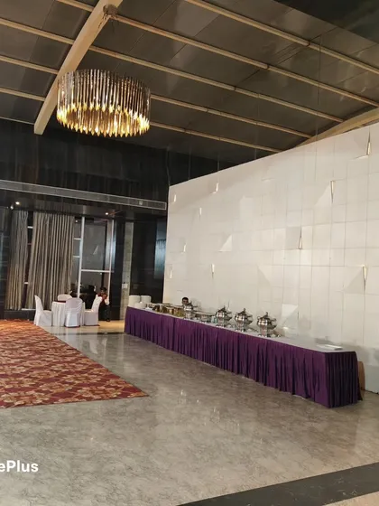 This is a full buffet line we set up for a large party in a modern banquet hall. We can handle catering for upscale events, ensuring the food station is arranged neatly and professionally to match the elegant venue.