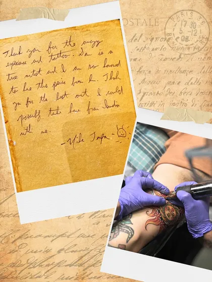 "Thank you for the energy, experience and tattoo." A handwritten thank you note from our international client, Mike.