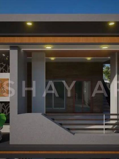 A wider perspective of the previous design, showing how the detailed elements come together to form a cohesive and welcoming porch and balcony area. The design includes space for plants and seating.