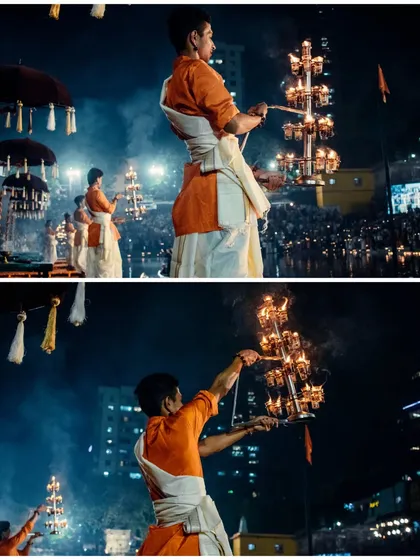 A two-panel shot showing the priests performing the aarti, capturing both the synchronized ritual and the individual devotion.