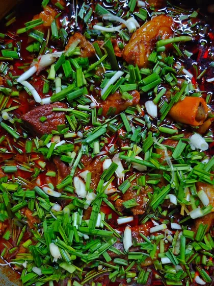 Homestyle Mutton Curry with green garlic, a winter specialty. The aroma of this one-pot dish fills the whole house, and the slow-cooked mutton becomes incredibly tender.