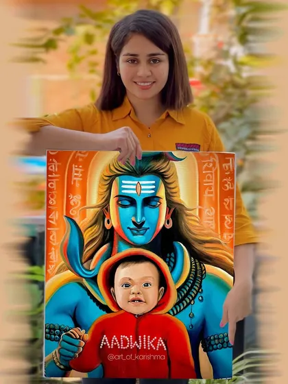 Holding another custom portrait featuring a child with Lord Shiva, created for Mahashivratri.
