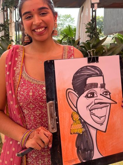 A guest at a Mehendi or Haldi function, with a caricature that captures her happy and festive mood.