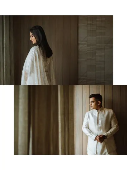 Individual portraits of the couple using natural light from a window. This creates a soft, contemplative mood, highlighting their elegant white attire and the quiet moments before the ceremony.