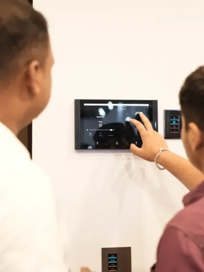 Experience technology firsthand. We provide countless opportunities for you to interact with the newest smart home products, like this intuitive wall-mounted control panel, allowing for a tactile and practical evaluation of the tech that will shape future homes.