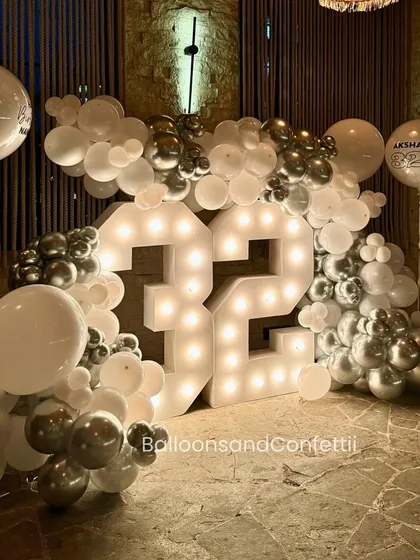 Another perspective of the dreamy 32nd birthday decor. The warm lighting of the venue perfectly complements the cool tones of the balloons.