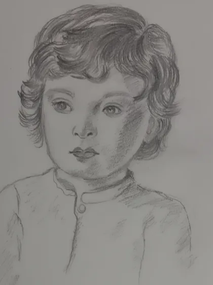 A simple and soft pencil sketch of a young child. This is a great example of the foundational sketching we start with, focusing on capturing the gentle contours of the face and the texture of curly hair.