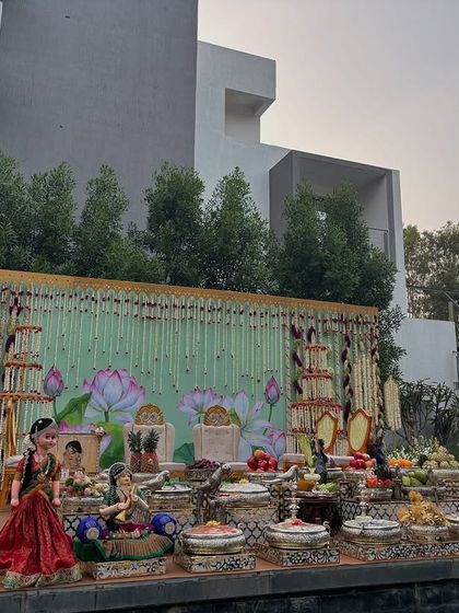 A wide shot of the outdoor lotus-themed decor.