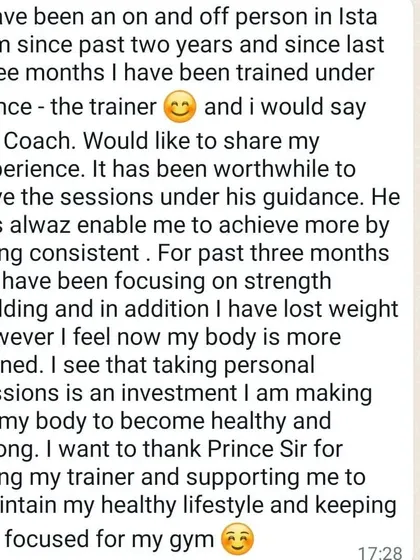 A screenshot of a client's feedback, highlighting how personal training sessions are an investment in becoming healthy and strong.