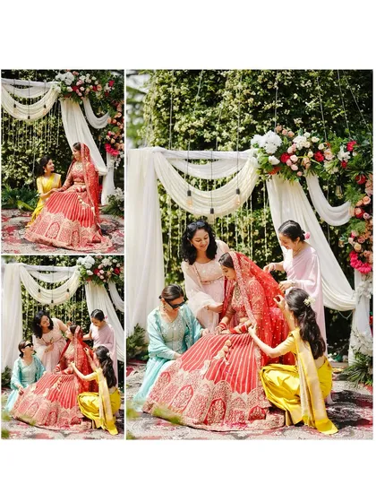A collage showing the bride surrounded by her bridesmaids and family during the ceremony. These are the candid, supportive moments that add emotional depth to a wedding album.