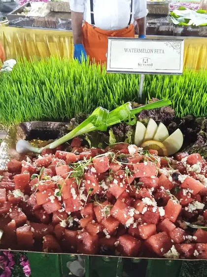 A close-up of my popular Watermelon Feta salad, showcasing the fresh ingredients and beautiful presentation I bring to my vegetarian catering menus.
