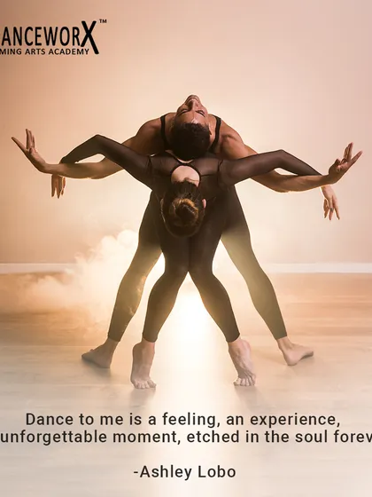 "Dance to me is a feeling, an experience, an unforgettable moment, etched in the soul forever." This quote from our Artistic Director, Ashley Lobo, captures the essence of our philosophy. This image of two dancers in a moment of perfect synergy and physical expression represents the deep emotional connection we strive to cultivate in our art.